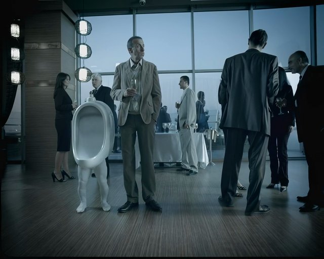 Video Reference: indoor event, party, formal wear, suits, guests, conversation, window wall, modern interior, cocktail reception, luxury setting, odd costume, performance art, floor lamp, city view, group of people, elegant