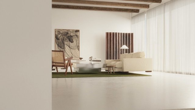 Video Reference: living room, modern interior, minimalist, sofa, armchair, coffee table, abstract art, curtains, exposed beams, wooden chair, floor lamp, neutral colors, home decor, interior design, rug, contemporary