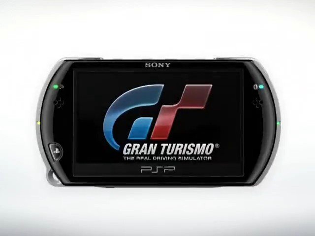 Video Reference: PSP, Sony, handheld console, video game, Gran Turismo, game logo, gaming device, screen, white background, electronics