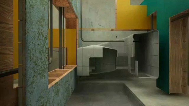 Video Reference: abstract, interior, architecture, geometric, modern, concrete, corridor, room, minimal, indoor, installation, wall, doorway, colorful, industrial