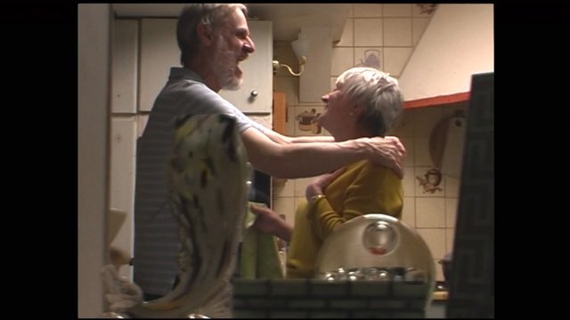 Video Reference: kitchen, couple, embrace, smiling, indoor, home, conversation, warm lighting, cooking area, older adults, interior, domestic