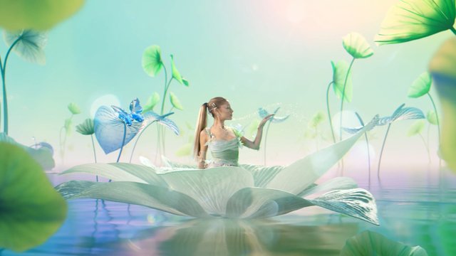 Video Reference: fantasy, woman, pastel, surreal, flower, leaves, water, dreamlike, nature, floating, ethereal, studio, colorful, digital art, copy space