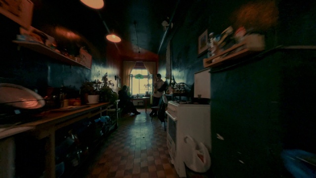 Video Reference: Houseplant, Cabinetry, Space, Ceiling, Flash photography, Room, Shelf, Countertop, Table, Night