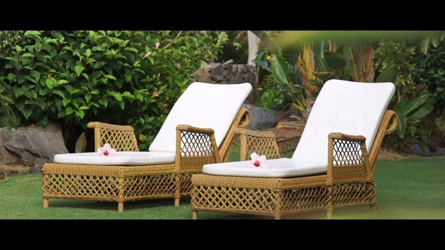Video Reference: garden, lounge chairs, wicker, outdoor furniture, patio, lawn, tropical plants, relaxation, resort, white cushions, landscaping, summer, backyard, seating, decorative flowers