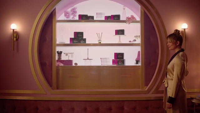 Video Reference: Property, Shelf, Window, Interior design, Purple, Mirror, Lighting, Architecture, Shelving, Pink