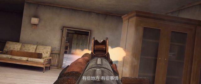 Video Reference: first-person, shooter game, rifle, gunfire, indoor, video game, doorway, room, weapon, combat, muzzle flash, interior, couch, wardrobe, action, gaming