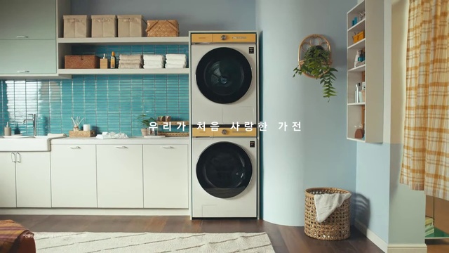 Video Reference: Laundry room, Cabinetry, Furniture, Product, Clothes dryer, Washing machine, Wood, Home appliance, Countertop, Plant