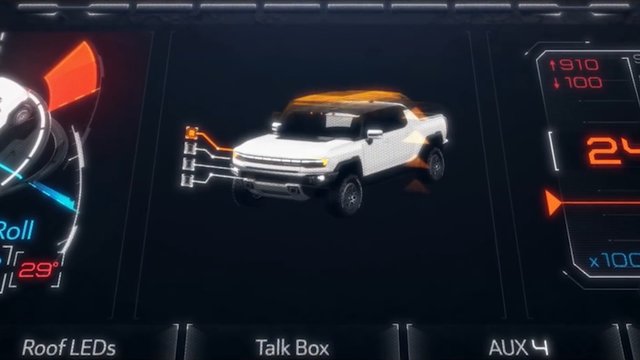 Video Reference: pickup truck, digital dashboard, vehicle interface, HUD, gauge display, automotive screen, 3D vehicle, truck, control panel, dark background, numeric readout, infotainment