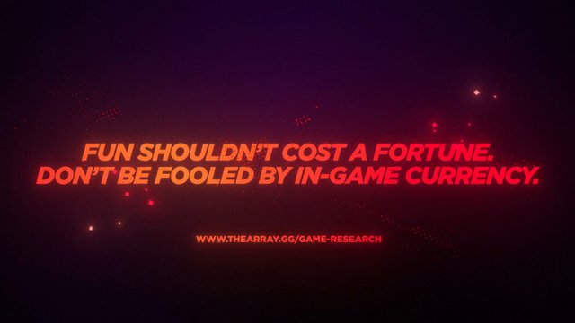 Video Reference: title card, text overlay, promo, gaming, in-game currency, advertisement, dark background, red text, website, typography, motion graphics