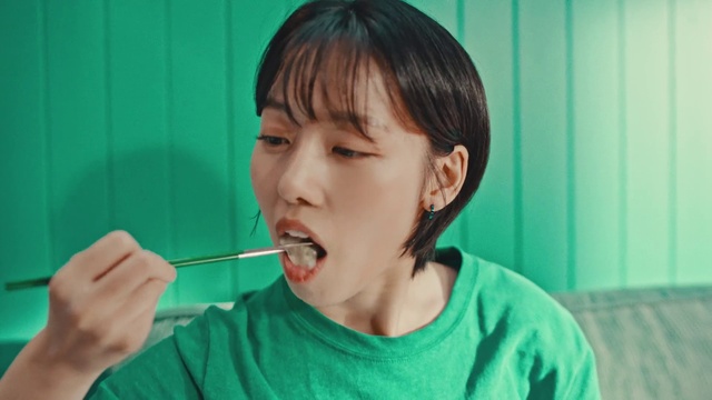 Video Reference: Face, Cheek, Eyelash, Jaw, Gesture, Black hair, Happy, T-shirt, Bangs, Fun