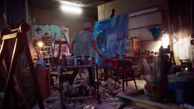 Video Reference: Purple, Interior design, Art, Artist, Building, Event, Wood, Visual arts, Paint, Fashion design