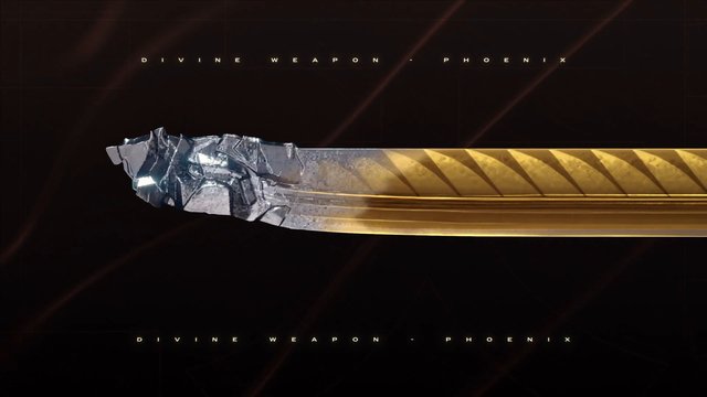 Video Reference: weapon, blade, sword, gold, metal, fantasy, title, cinematic, dark background, 3d render, stylized, logo, game art, phoenix