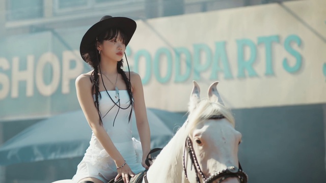 Video Reference: Horse, Skin, Hairstyle, White, Dress, Horse tack, Bit, Working animal, Horse supplies, Bridle