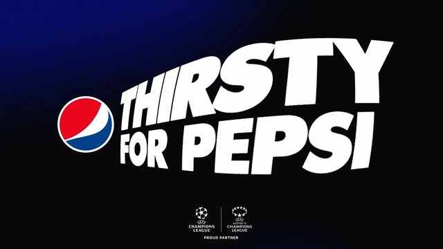 Video Reference: Pepsi, advertisement, promo graphic, branding, logo, text, sports sponsorship, UEFA Champions League, dark background, marketing, typography, beverage, soccer, partner logo