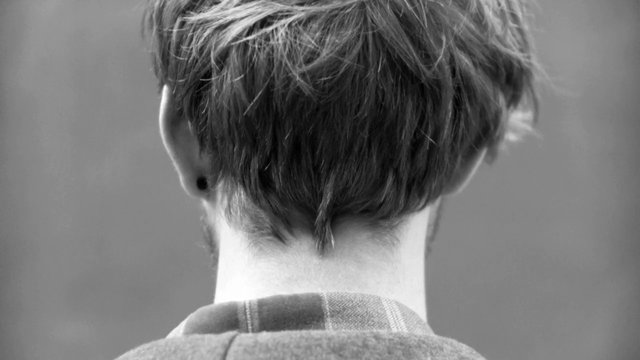 Video Reference: black and white, rear view, back of head, close up, person, short hair, neck, plaid collar, minimal background, portrait, monochrome