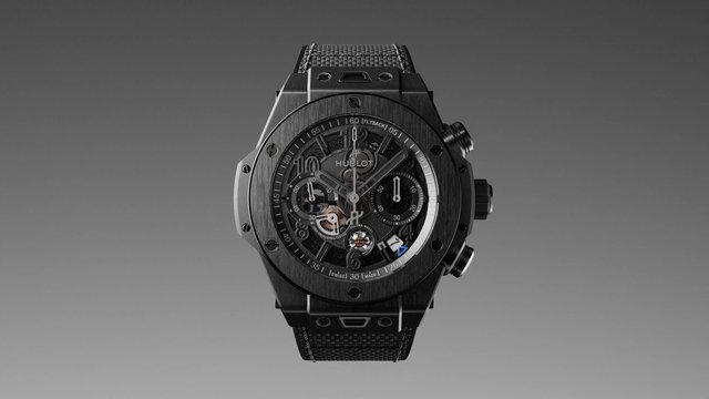 Video Reference: wristwatch, luxury watch, skeleton dial, black watch, fabric strap, chronograph, close-up, studio shot, gray background, timepiece, watch face, metal case, fashion accessory