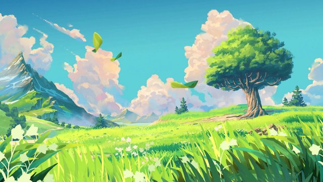 Video Reference: landscape, meadow, tree, mountains, sky, clouds, grass, nature, spring, illustration, stylized, fantasy, sunny, outdoors, scenery, panorama