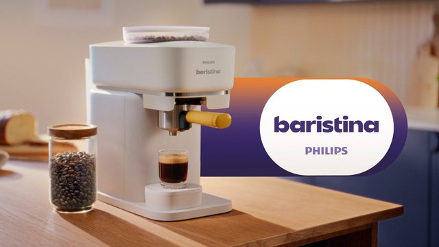 Video Reference: espresso machine, coffee, coffee beans, kitchen, countertop, glass cup, barista, Philips, product shot, appliance, wooden table, promotional graphic, home kitchen, beverage, modern design