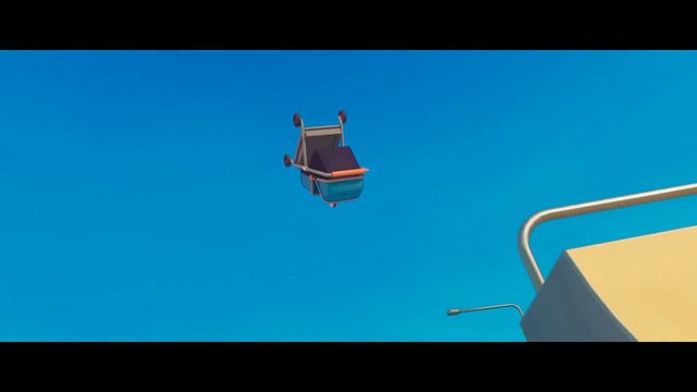 Video Reference: shopping cart, upside down, floating, blue sky, minimal, abstract, outdoor, rooftop, streetlight, cart, 3d render, surreal
