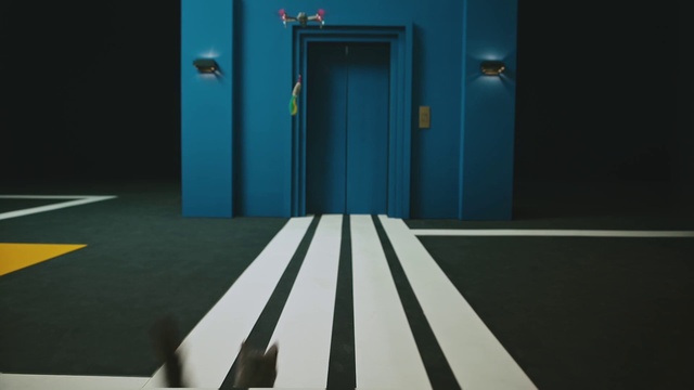 Video Reference: Blue, Door, Wood, Building, Floor, Art, Flooring, Stairs, Rectangle, Tints and shades