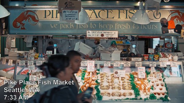 Video Reference: fish market, seafood, indoor market, counter, crab, lobster, fresh fish, workers, price tags, shopping, Seattle, Pike Place, retail, food stall, commercial, travel