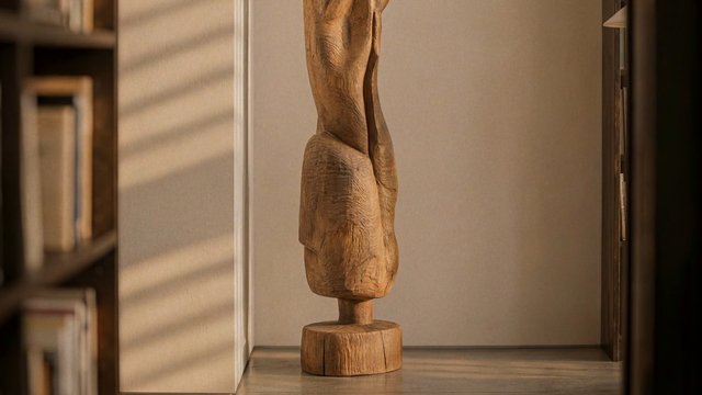 Video Reference: wooden sculpture, carved wood, interior, shelf, bookshelf, warm light, sunlight, home decor, abstract art, close-up, minimalist, indoor, wood grain, decorative object