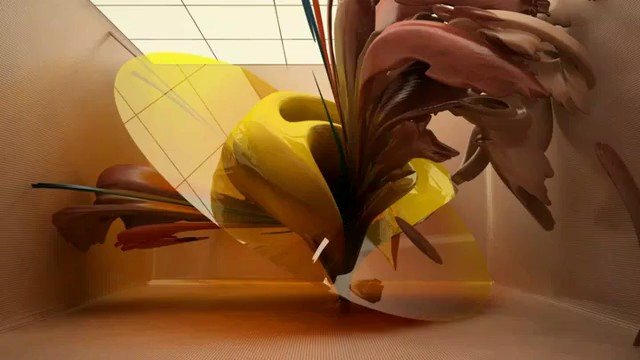 Video Reference: abstract, 3D render, abstract art, organic shapes, translucent, yellow, brown, indoor, ceiling tiles, warm light, surreal, digital art