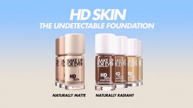 Video Reference: cosmetics, foundation, makeup, beauty, advertisement, product display, skincare, bottles, packaging, promotional text, studio background, palette, neutral background, brand promotion, matte, radiant