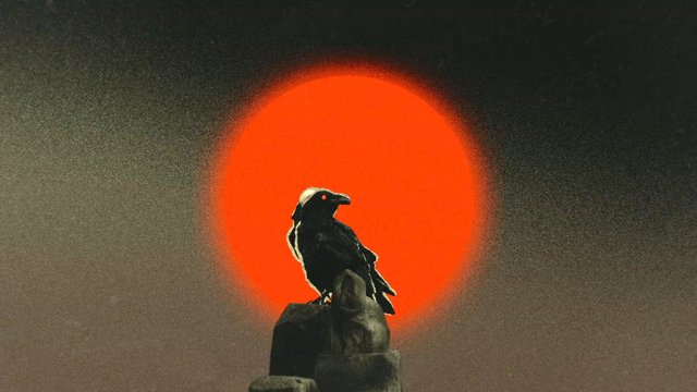 Video Reference: bird, raven, crow, silhouette, sunset, red sun, moon, perched, stone statue, hazy sky, moody, dramatic lighting, nature, wildlife, backlit, surreal