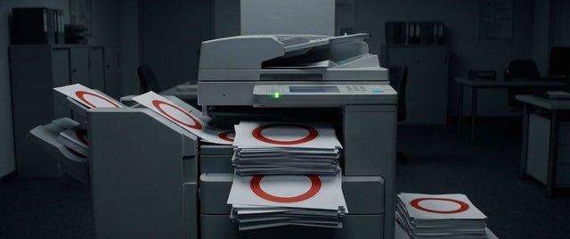 Video Reference: printer, photocopier, office, paper, printing, stack, documents, machine, business, workplace, copying, output, technology, indoor, dimly lit