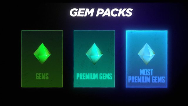 Video Reference: gems, gem packs, promo graphic, game currency, digital interface, neon, cards, menu, ui, dark background, glowing, text, package tiers