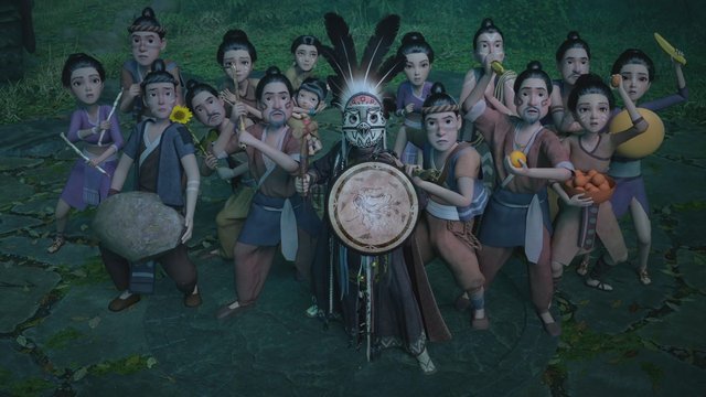 Video Reference: animated, villagers, group, forest, night, mask, headdress, shield, ritual, stones, fruit, food, traditional clothing, outdoors, fantasy, gathering
