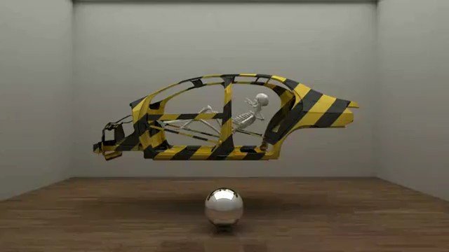 Video Reference: 3d render, car body, skeleton, hazard stripes, abstract, surreal, garage, futuristic, metallic, wood floor, minimal room, reflection, industrial, concept art