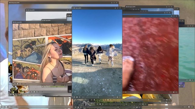 Video Reference: computer screen, video windows, collage, travel clips, mountain view, outdoor, women, mural, close-up, screen recording, multitasking, desktop, media player, overlapping windows