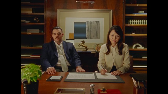 Video Reference: office, interior, business, meeting, desk, formal attire, man, woman, documents, wood paneling, bookshelves, seated, professional, workplace, portrait