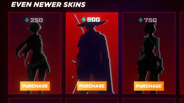 Video Reference: video game, shop menu, skins, character silhouettes, purchase buttons, in-game currency, red background, interface, storefront, digital menu, game UI, fantasy character, pricing