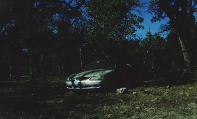 Video Reference: car, vehicle, woods, forest, trees, dark, night, dusk, outdoors, parked, roadside, nature, blue sky, shadow, rural