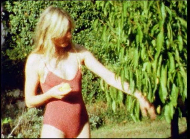 Video Reference: woman, swimsuit, outdoors, garden, tree, branches, sunlight, summer, blonde, standing, reaching, yard, vintage, nature