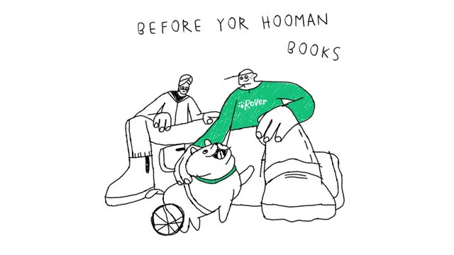 Video Reference: cartoon, drawing, hand-drawn, dog, people, book, text, white background, green sweater, ball, sketch, illustration, humor, sitting, animal, group