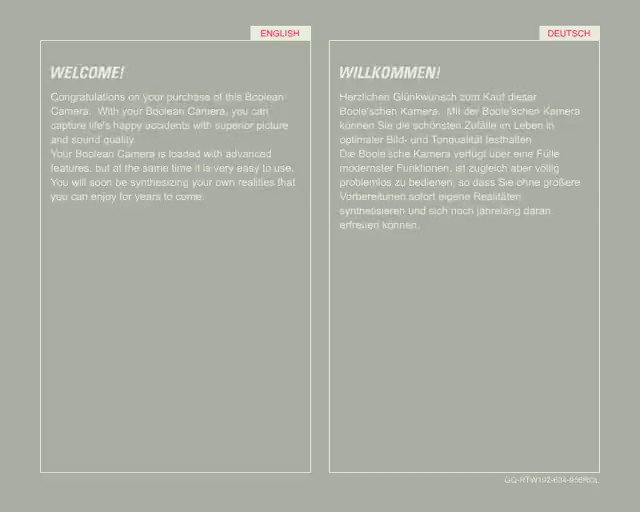 Video Reference: instructional screen, text layout, english, german, welcome, dual language, gray background, panel design, presentation slide, typography