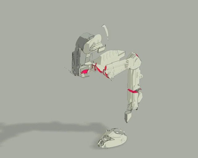 Video Reference: abstract, robotic, mechanical, fragmented, 3d render, floating, gray background, minimal, shadow, futuristic, concept art, object