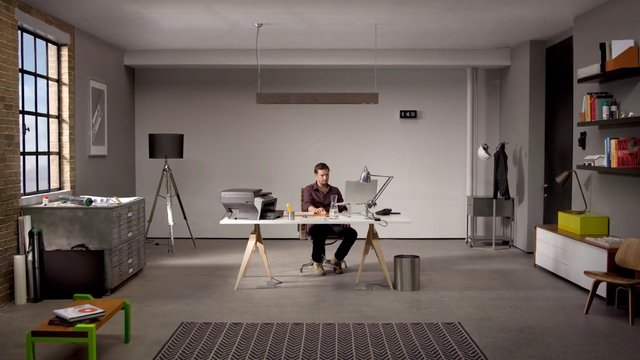 Video Reference: office, workspace, man, desk, computer, interior, loft, modern, startup, furniture, window, lamp, bookshelf, printer, minimal, indoor