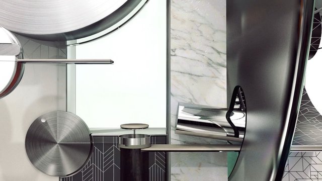 Video Reference: abstract, interior, metallic, chrome, modern, architecture, geometric, curved, circular, marble, minimalist, futuristic, design, surface, close-up