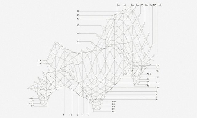 Video Reference: technical drawing, blueprint, diagram, lattice structure, numbered labels, engineering schematic, line art, abstract form, white background, annotation, geometry, 3d model, structural design