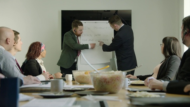 Video Reference: Tableware, Table, Coat, Handwriting, Whiteboard, Suit, Service, Event, White-collar worker, Chair