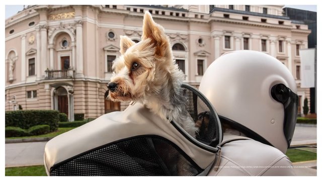 Video Reference: dog, pet carrier, backpack, helmet, outdoor, city street, historic building, travel, pet transport, small dog, close-up, architecture, urban