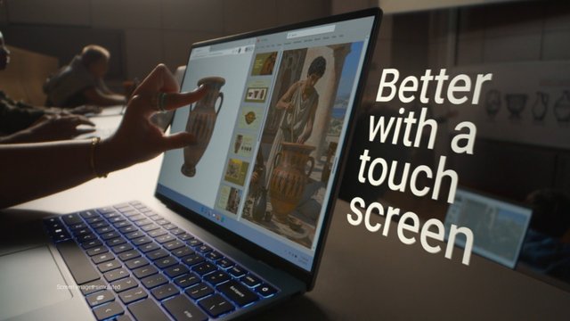 Video Reference: laptop, touchscreen, hand, computer, tablet mode, display, technology, browser, gallery, product demo, close-up, workspace, screen, typography, advertisement, modern