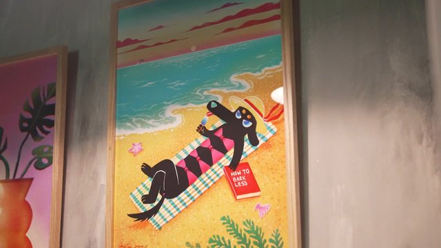 Video Reference: illustration, poster, framed art, dog, beach, towel, book, colorful, interior, wall art, tropical, sunset, cartoon, decor, summer