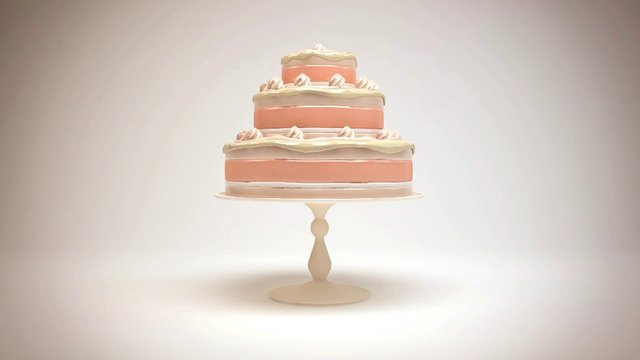 Video Reference: cake, dessert, frosting, layered cake, birthday cake, pastry, cake stand, studio shot, pink, cream, isolated, minimal background