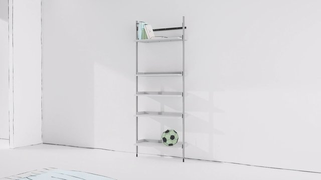 Video Reference: minimalist, white room, wall shelf, books, folders, soccer ball, interior, furniture, modern, empty room, storage, shelving